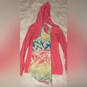 hello :) i am selling this cute hot pink hoodie & tie dye workout top bundle